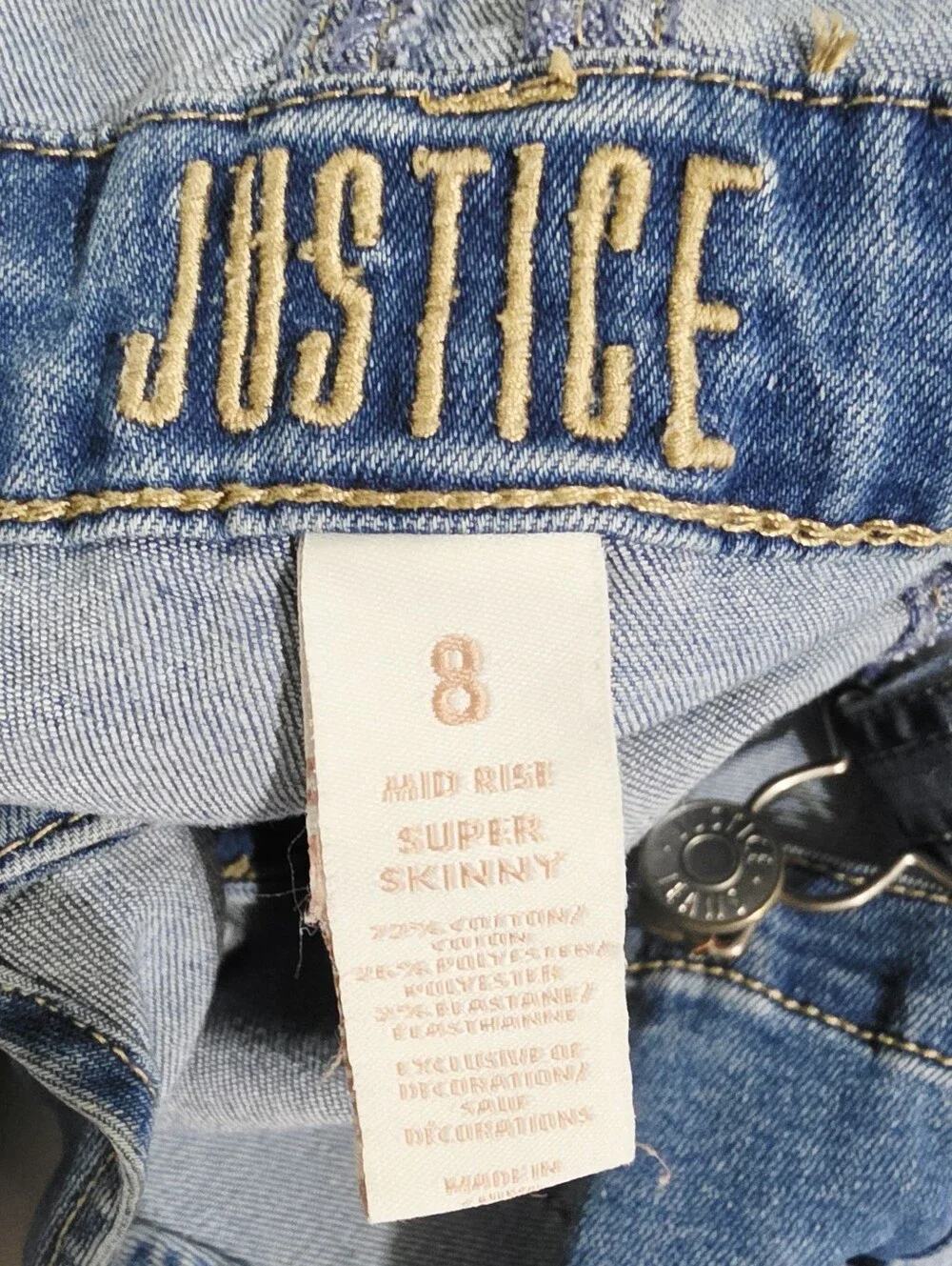 Justice Girls Size 8 Denim Overalls Lace Distressed Skinny Jeans Adjustable